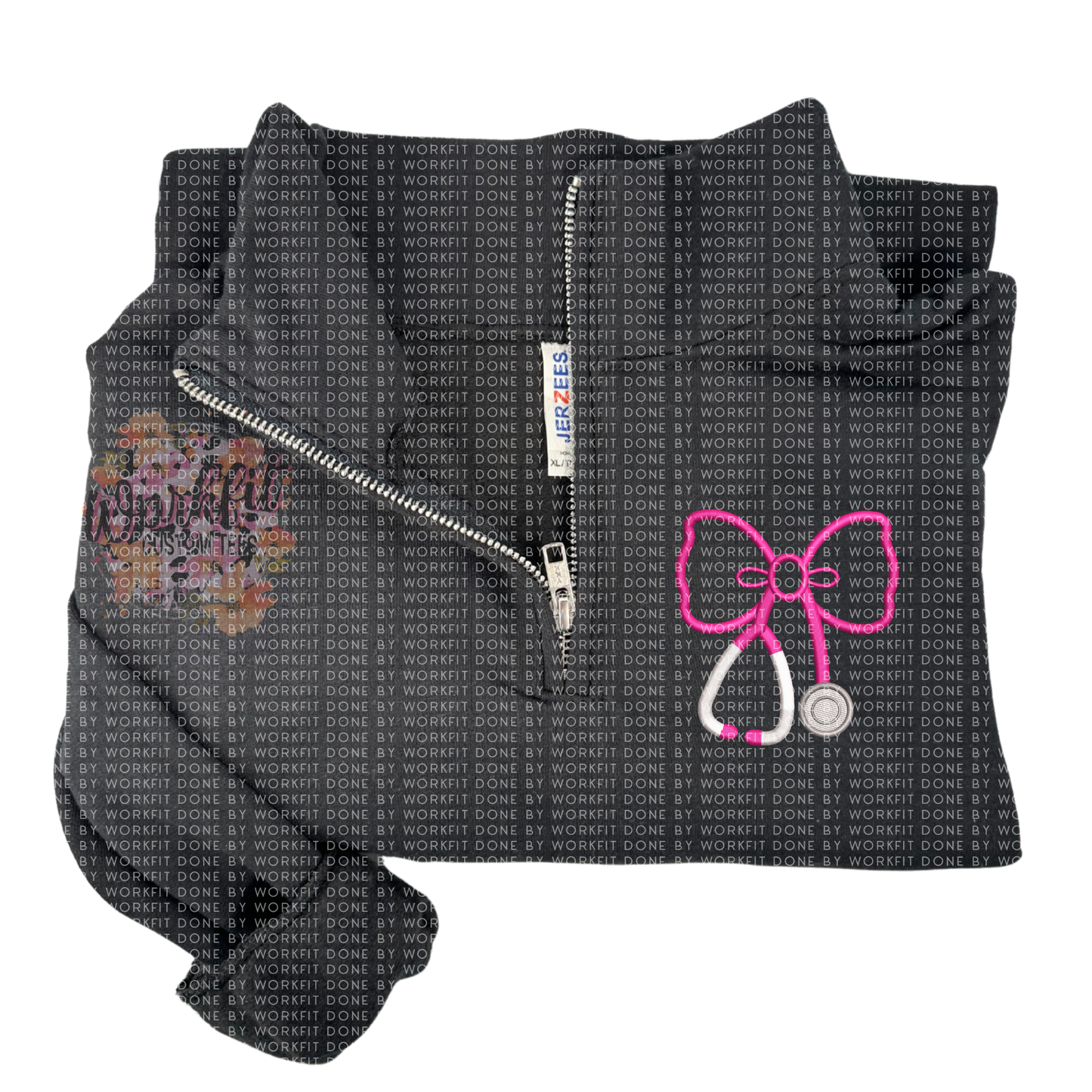 1/4 Zip Embroidery Pink Stethoscope