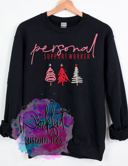 PSW Pink Christmas Trees on Black Crewneck