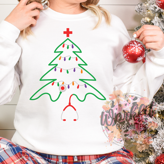 Crewneck - Medical Christmas - green tree stethoscope