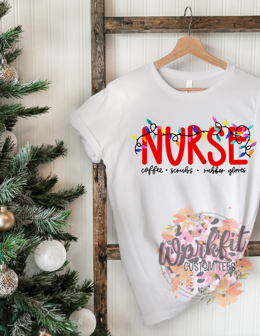 T-Shirt - Medical Christmas - Nurse scrubs rubber gloves lights