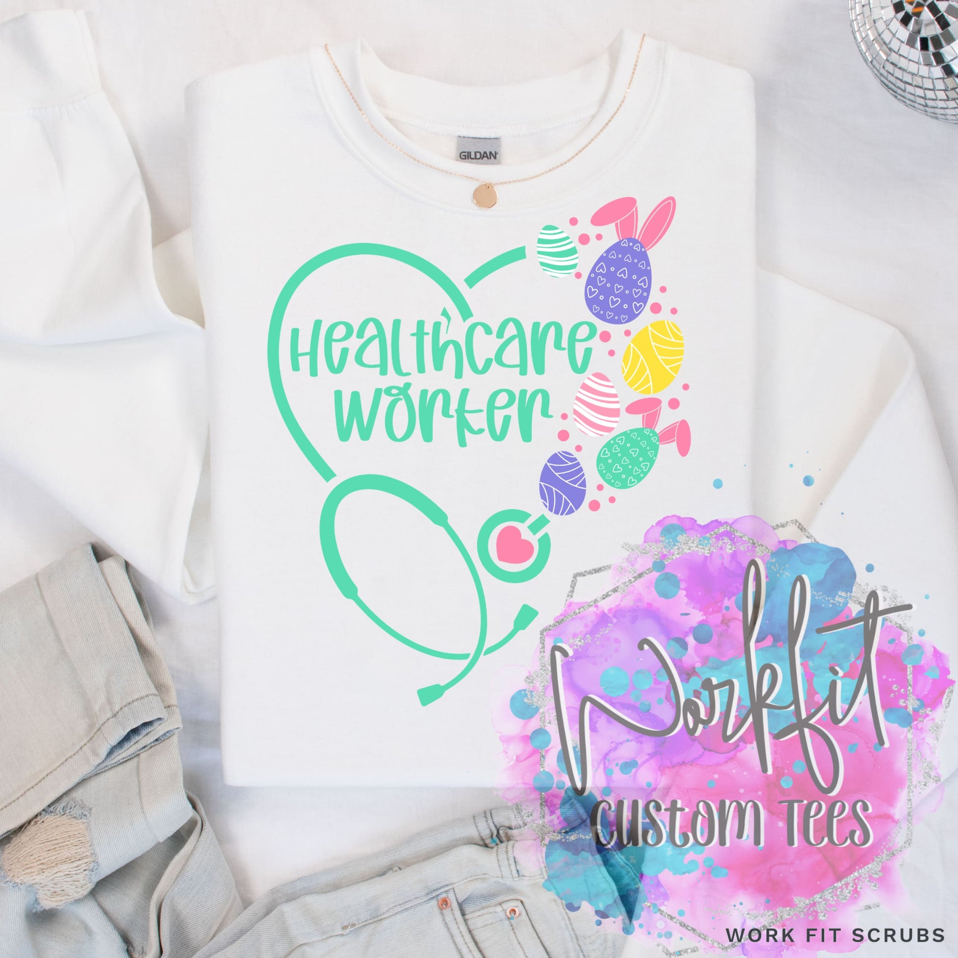 Work Fit Scrubs - Easter Egg Stethoscope Crewneck.